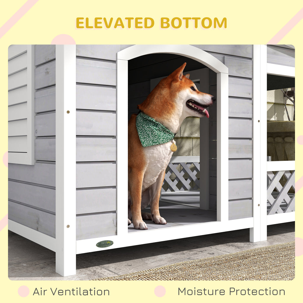 Wooden Dog House Outdoor with Porch, Cabin Style Raised Dog Shelter with Asphalt Roof, Doors, and Shutter Window, for Medium Large Sized Dog, Light Gray