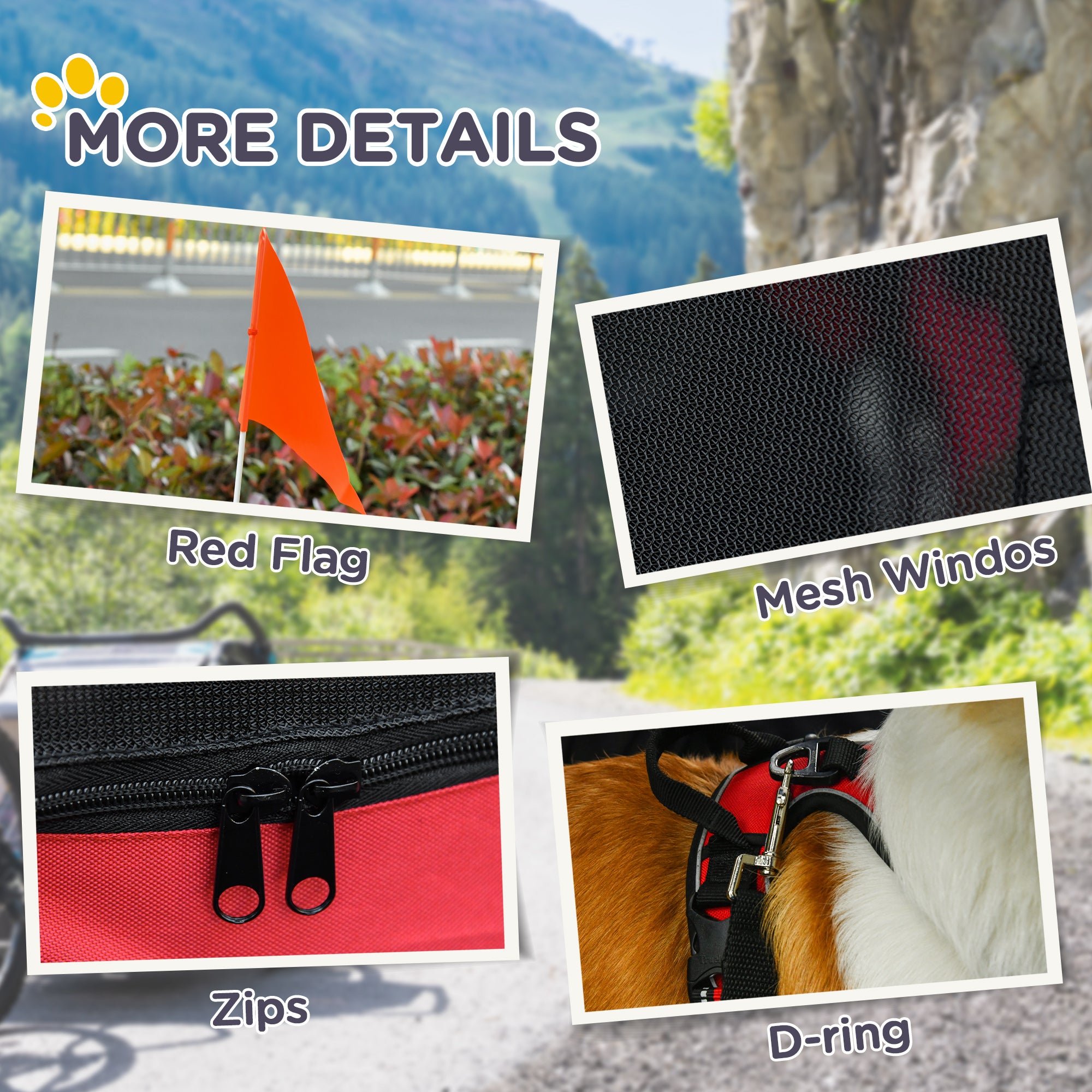 Dog Bike Trailer, Pet Wagon Bicycle Trailer with Easy Folding Cart Frame, 20" Large Rubber Wheels, 3 Entrances, Mesh Screen, Pet Bike Trailer for Off-Road & Travel, Red and Black