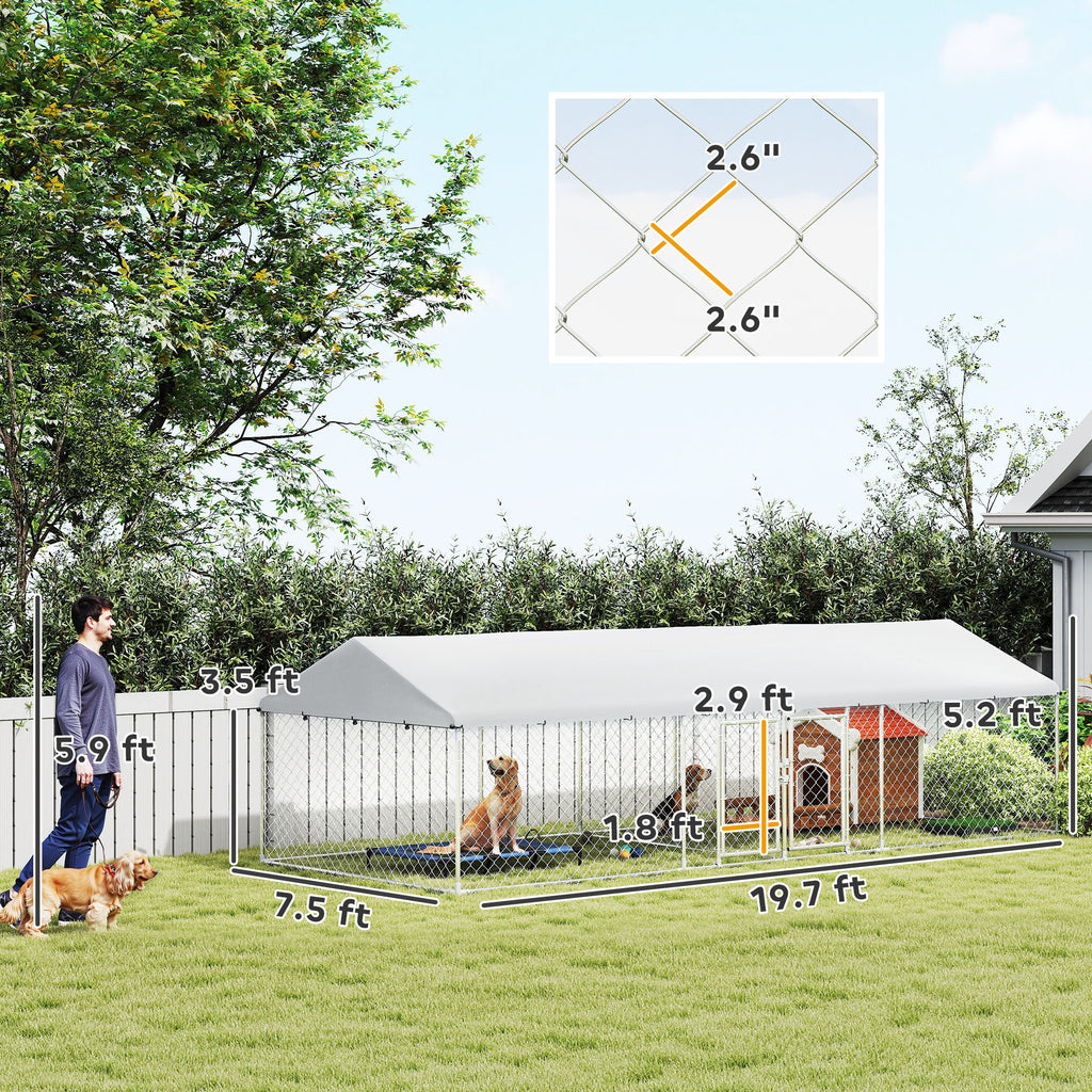 Two Room Outdoor Dog Kennel, Dog Run with Roof, Waterproof UV-Resistant Cover, Secure Lock, 19.7' x 7.5' x 5.2'
