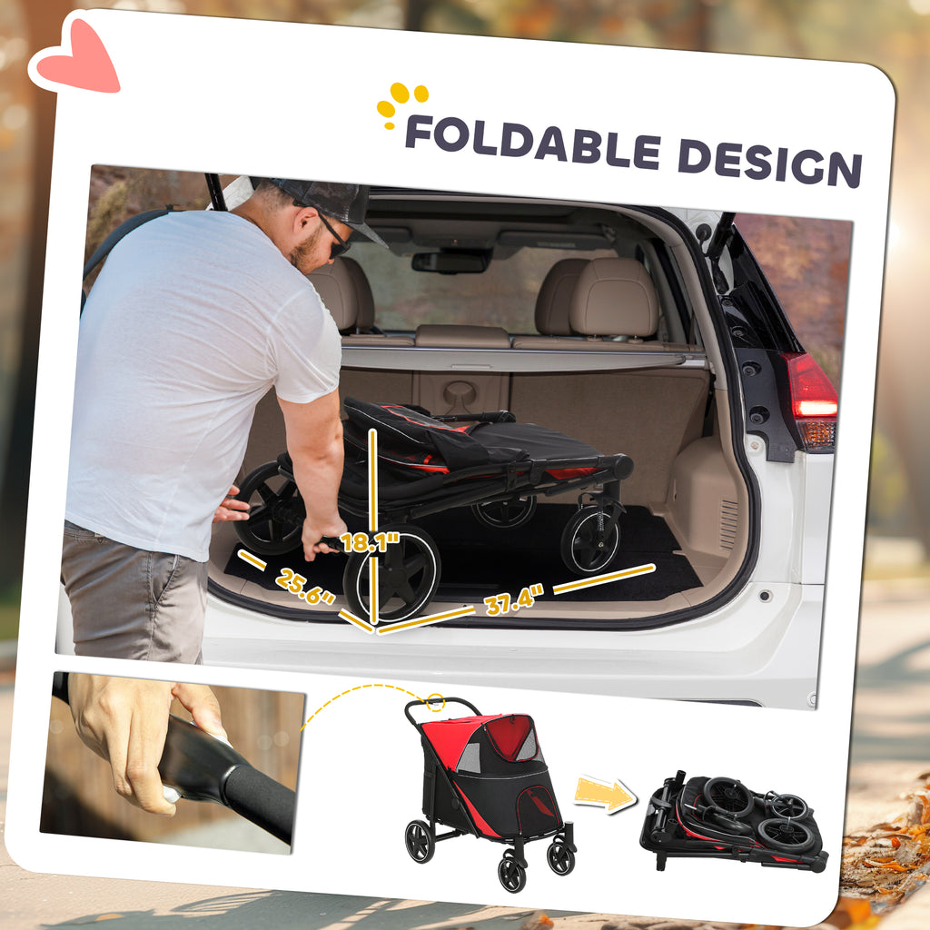 Dog Stroller for Large Medium Small Dogs up to 66 Lbs. 23.5" in Body Length, One-Click Foldable Pet Cat Stroller with Storage, Shock Absorption Wheels, Mesh Window, Safety Leash, Red