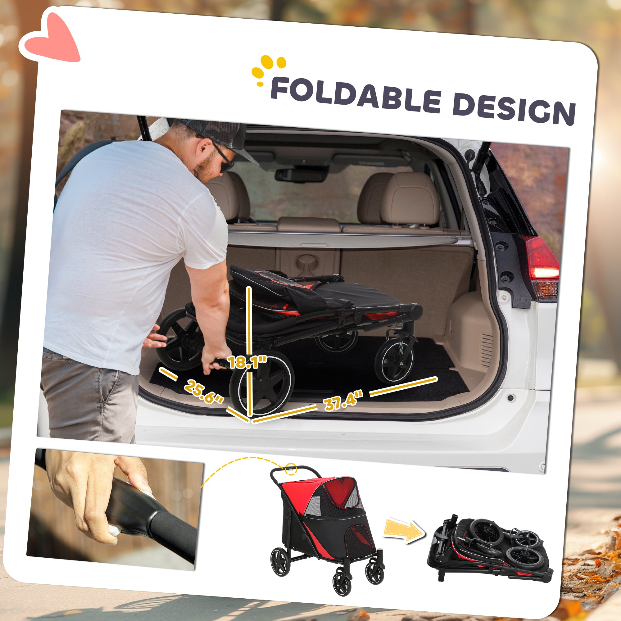 Dog Stroller for Large Medium Small Dogs up to 66 Lbs. 23.5" in Body Length, One-Click Foldable Pet Cat Stroller with Storage, Shock Absorption Wheels, Mesh Window, Safety Leash, Red