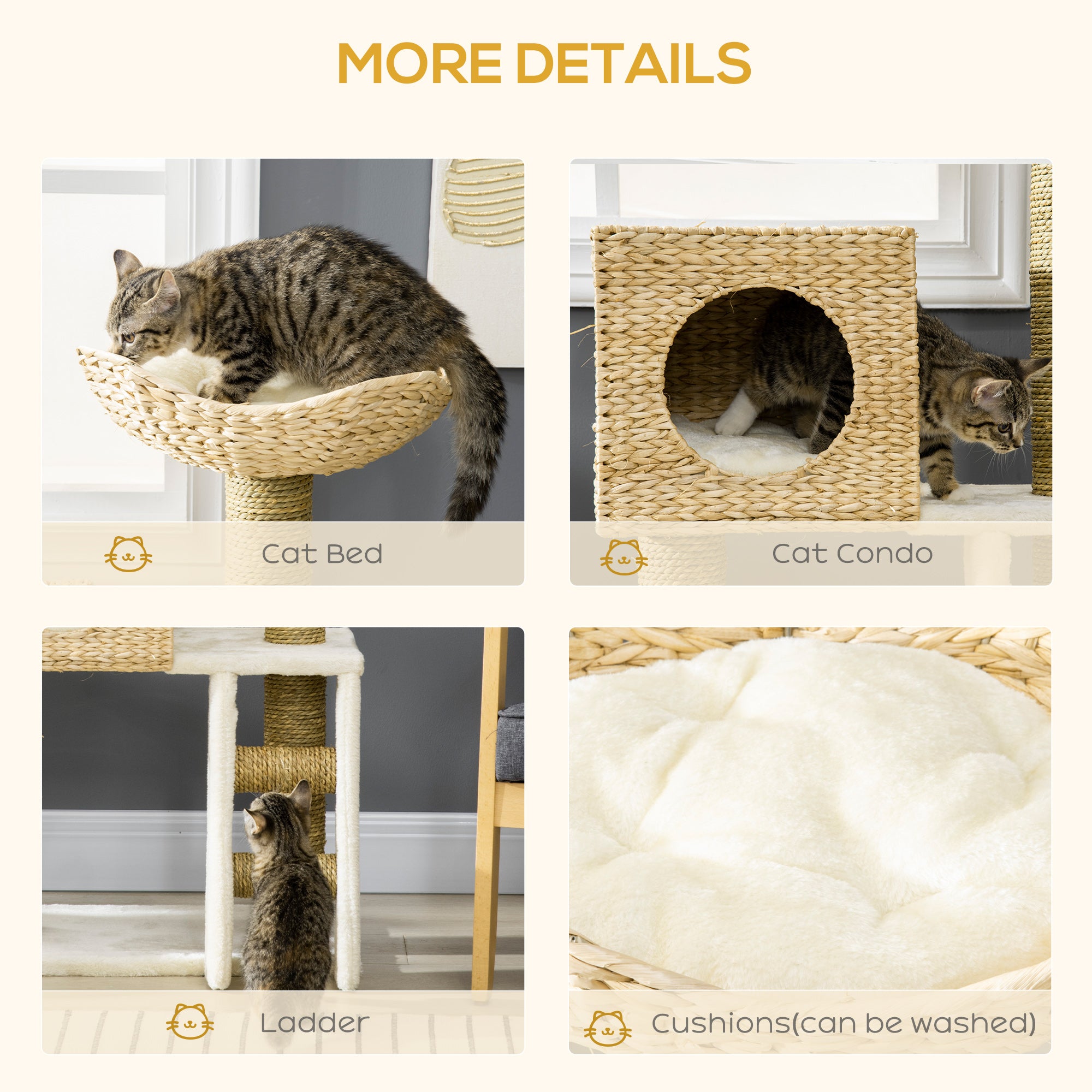 39.5" Natural Cattail Weave Cat Tree - Boho Rattan Cat Tower with Wicker Condo & Bed, 3-Tier Kitty Activity Center with Ladder & Washable Cushions