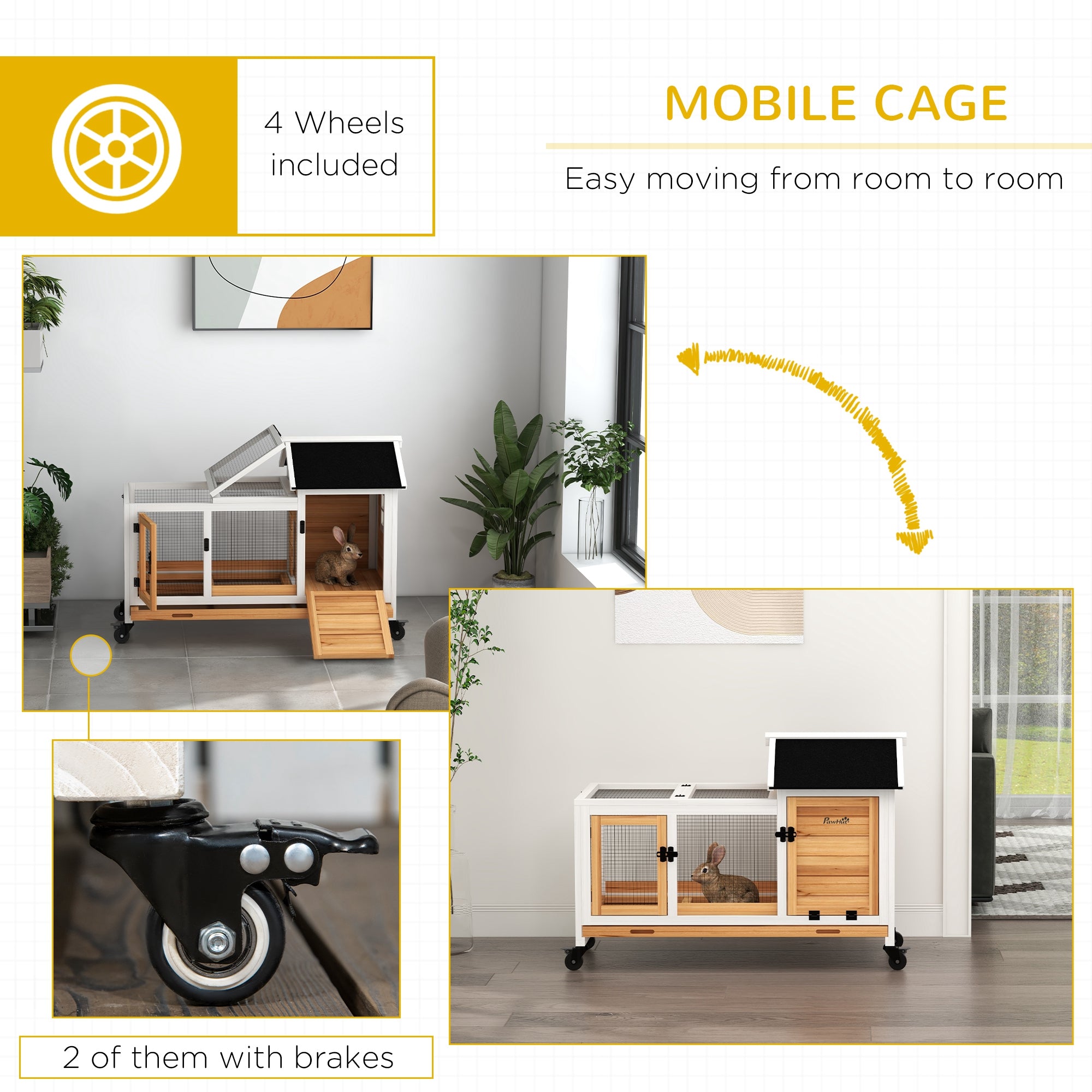 Wooden Rabbit Hutch with Wheels, Run, Slide-out Tray for Small Animals, Guinea Pig, Yellow