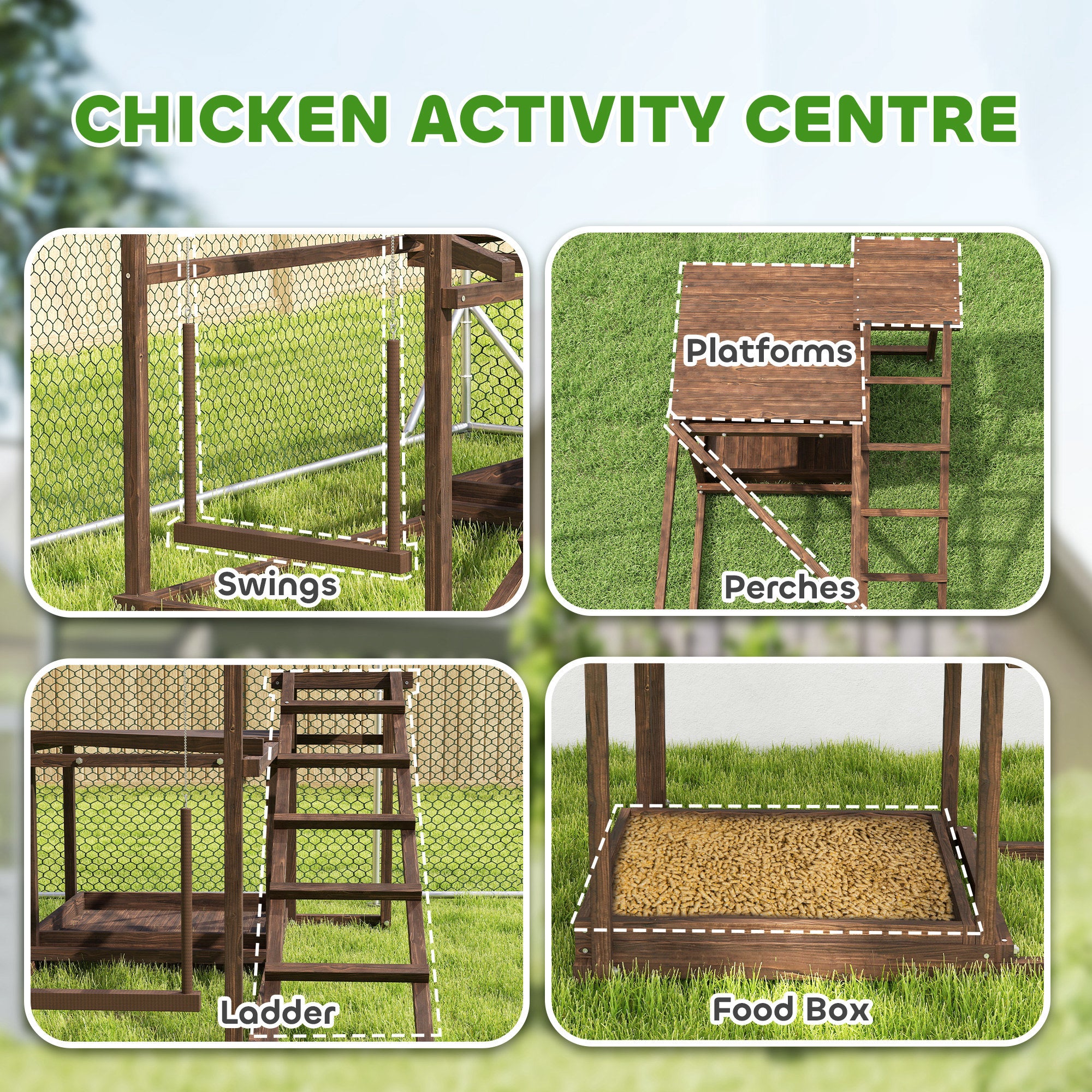 Wooden Chicken Activity Play Set with Perch, Swing, Ladder & Platforms, Coop Toy with Feeder Storage for Backyard Poultry