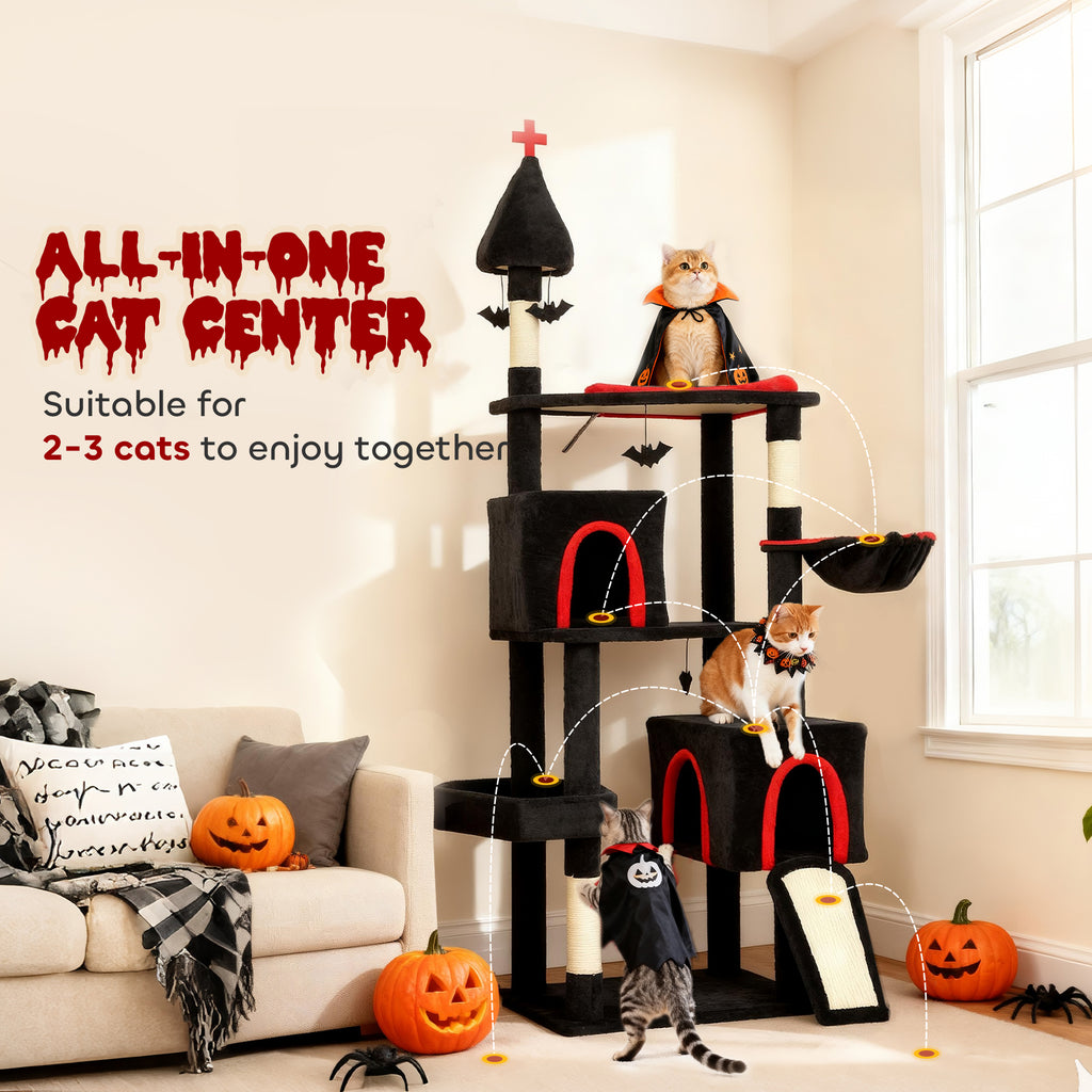 78" Gothic Cat Tree with Coffin Bed - Tall Cat Tower for Indoor Cats with 2 Spacious Condos & Sisal Scratching Posts, Unique Bat Hanging Toys, Halloween Furniture