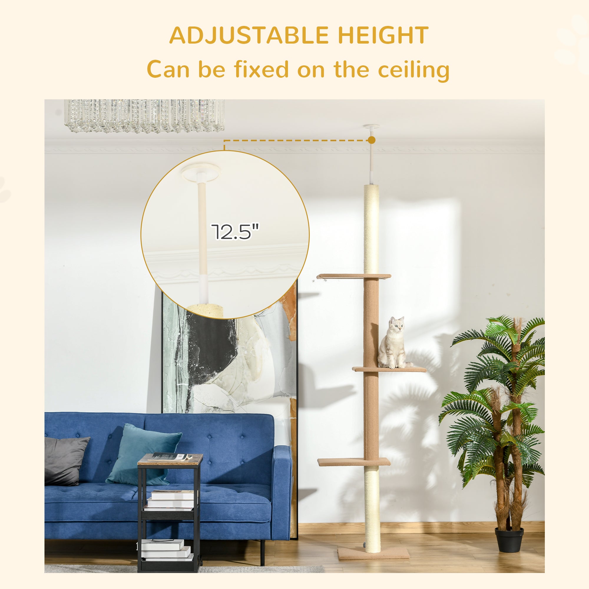 Light Brown Floor to Ceiling Cat Tree - Adjustable Height 4-Tier Cat Tower with Sisal Scratching Posts, Stable Activity Center Furniture for Indoor Kittens