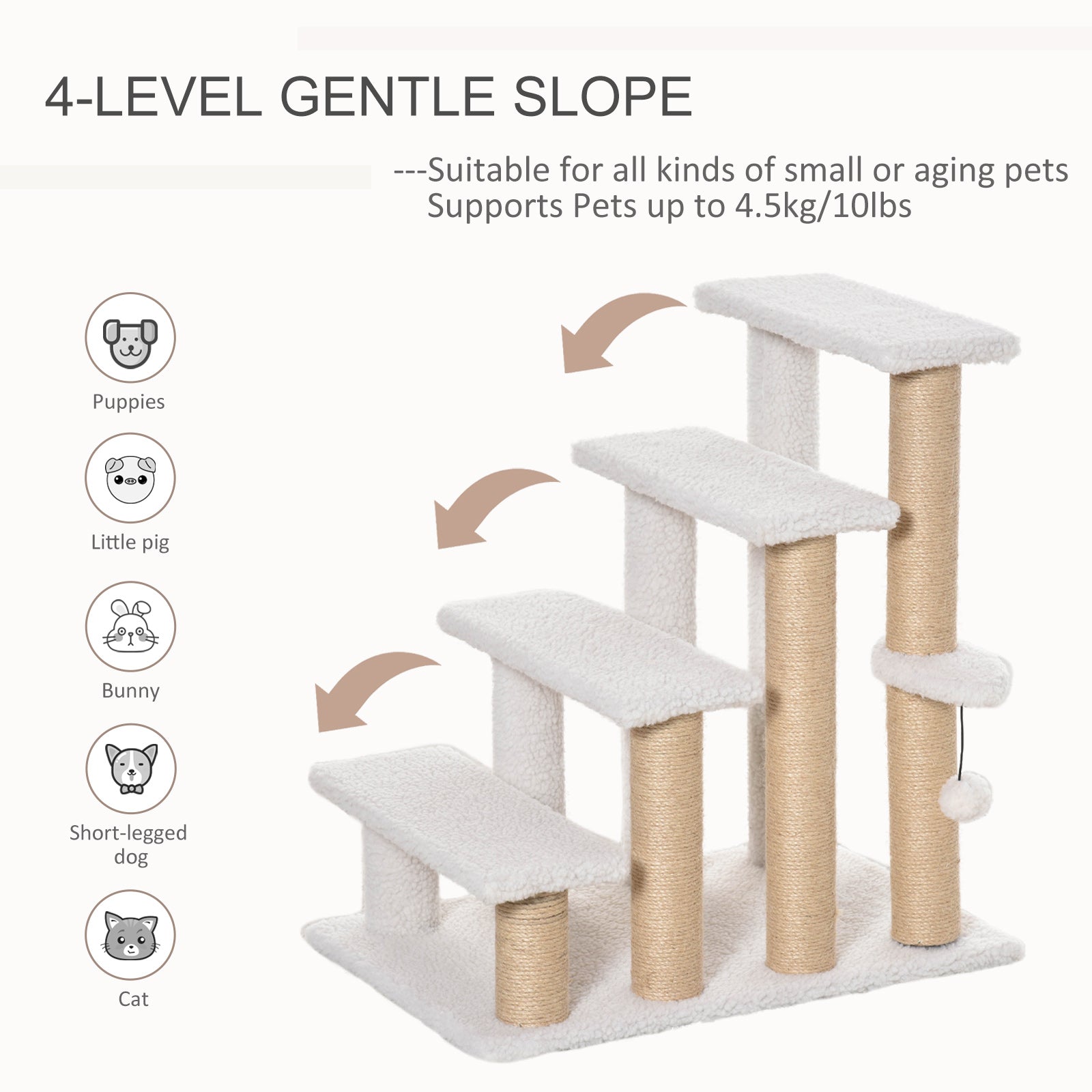 4-Tier Cat Steps with Scratching Posts, Pet Stairs for High Bed & Sofa, Indoor Cat Climbing Ladder, White