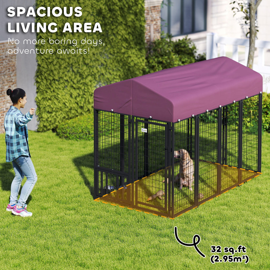 Welded Wire Outdoor Dog Kennel with 360¡ã Rotating & 4 Levels Adjustable Bowls, Waterproof Cover, 7.9' x 4' x 6'