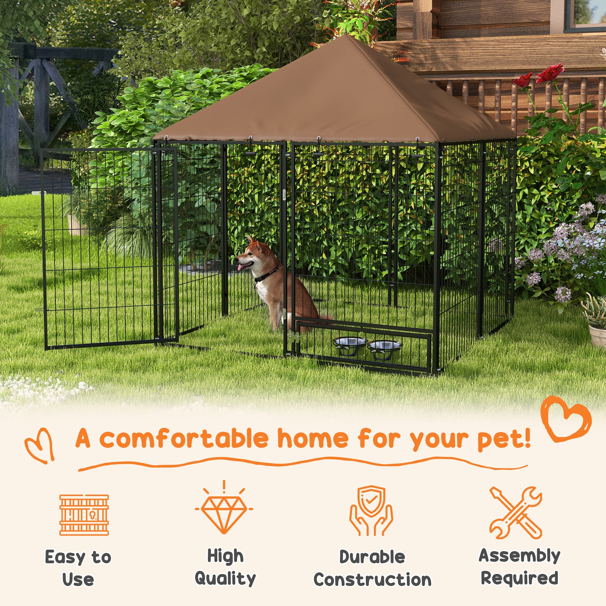 Outside Dog Kennel, 4.6' x 4.6' x 5' Puppy Play Pen with Canopy, Garden Playpen Fence Crate Enclosure Cage Rotating Bowl, for Dogs, Chickens, Ducks, Black