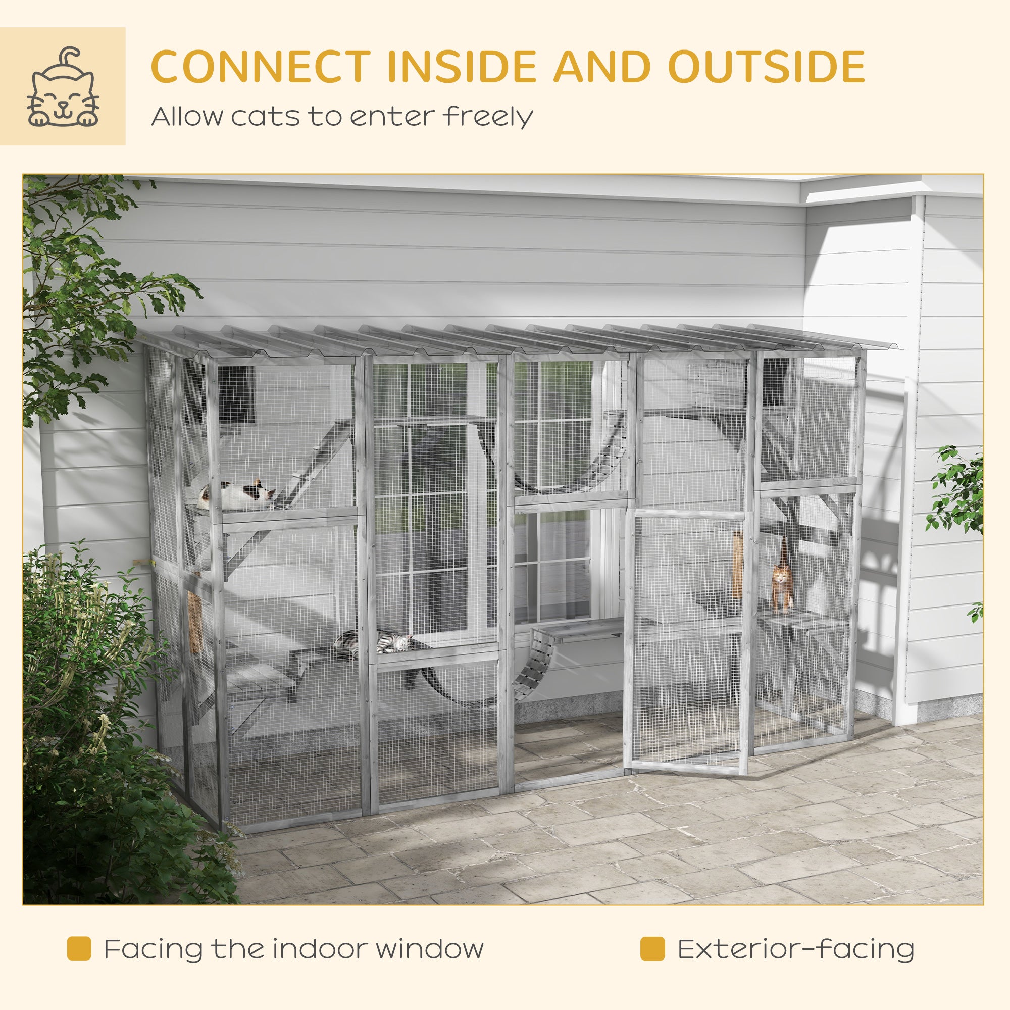 Catio Playground Cat Window Box Outside Enclosure for Multiple Cats w/ Shelves & Bridges, Gray