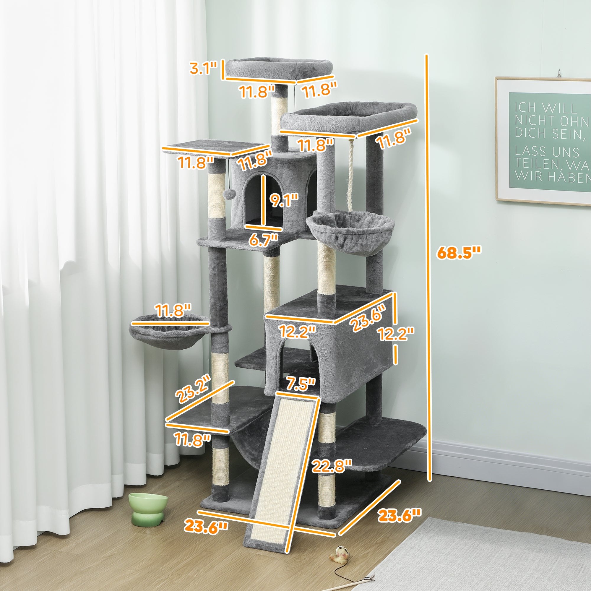 69" Tall Cat Tree for Indoor Cats - Multi-Level Cat Tower with 2 Condos & 3 Hammocks, 8 Sisal Scratching Posts, Dark Gray Furniture for Multiple Cats, Anti-Tip Stable Design