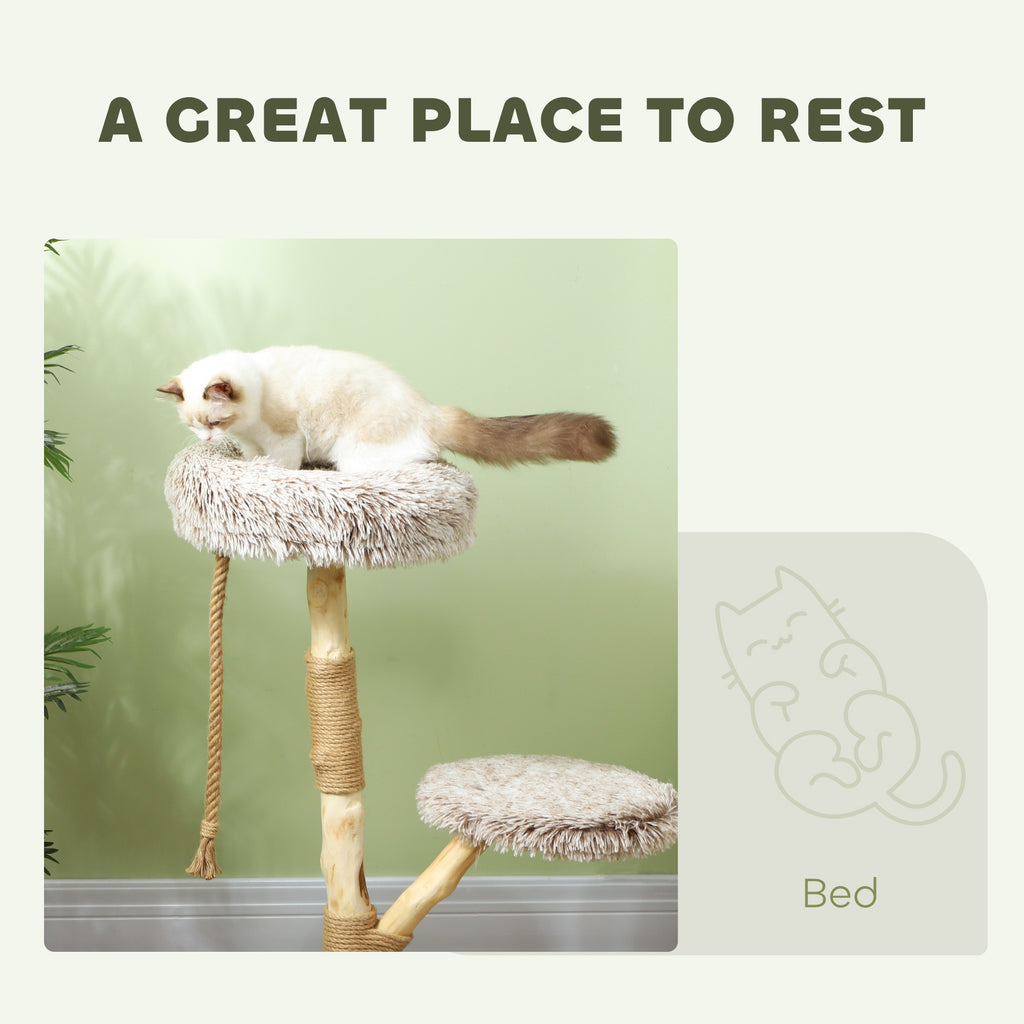 35-Inch Modern Cat Tree for Indoor Adult Cats, Wooden Scratching Posts, Cat Bed & Rope Toy, Compact Activity Tower, Brown