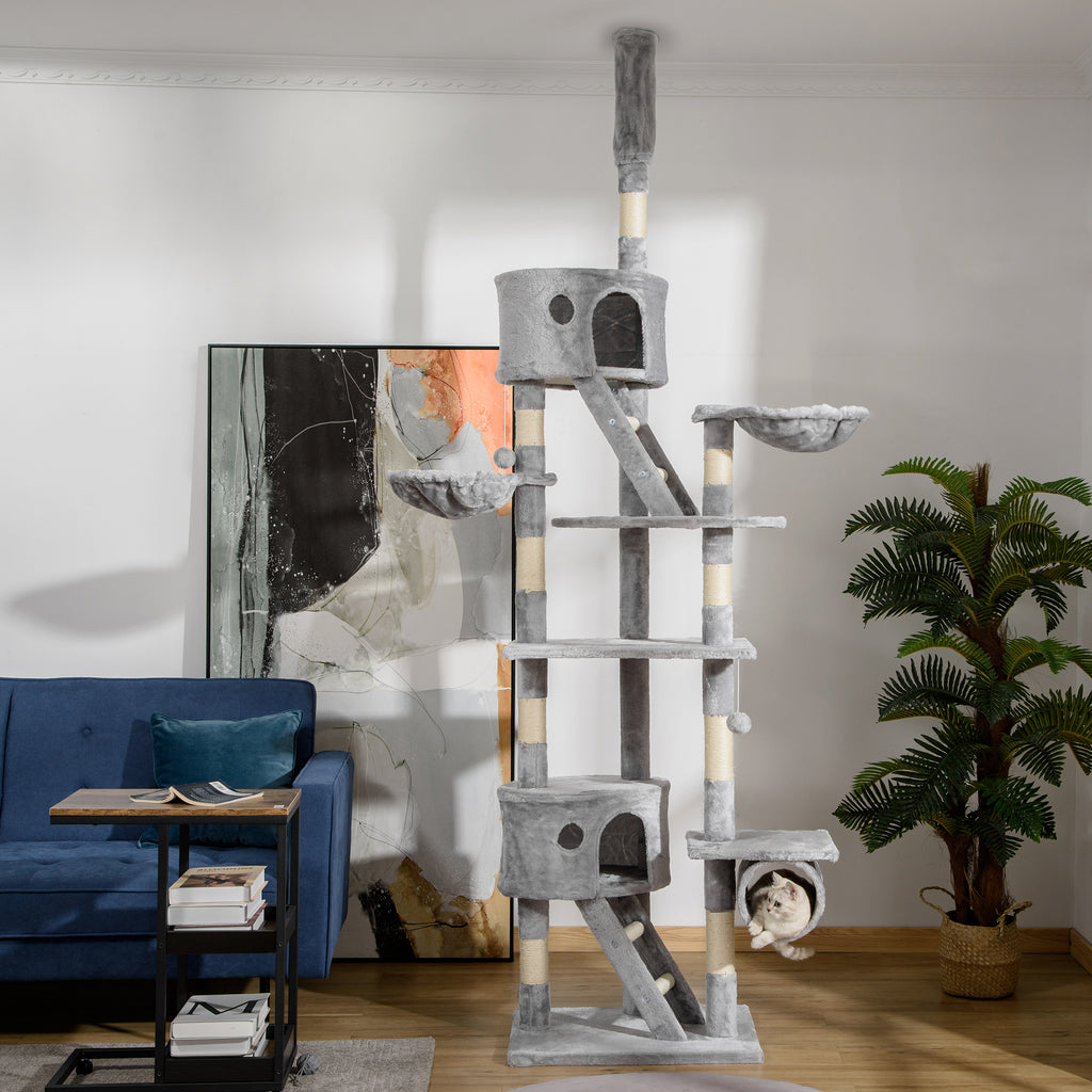 Floor to Ceiling Cat Tree, 94.5-102.5 inch Height Adjustable?Cat Climbing Tower with Scratching Posts, Condos, Hammocks