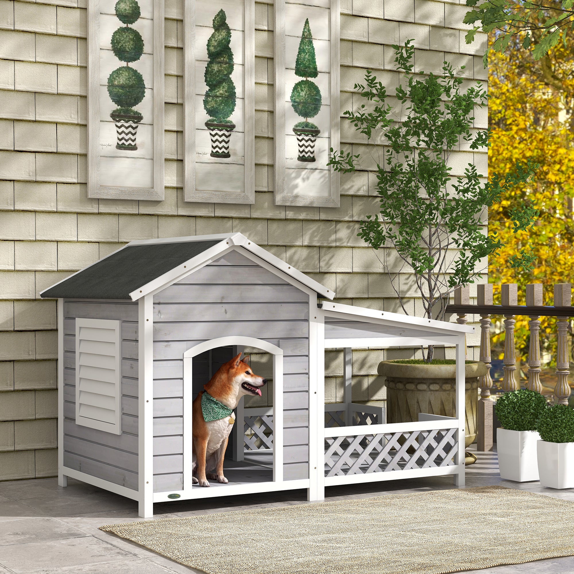 Wooden Dog House Outdoor with Porch, Cabin Style Raised Dog Shelter with Asphalt Roof, Doors, and Shutter Window, for Medium Large Sized Dog, Light Gray