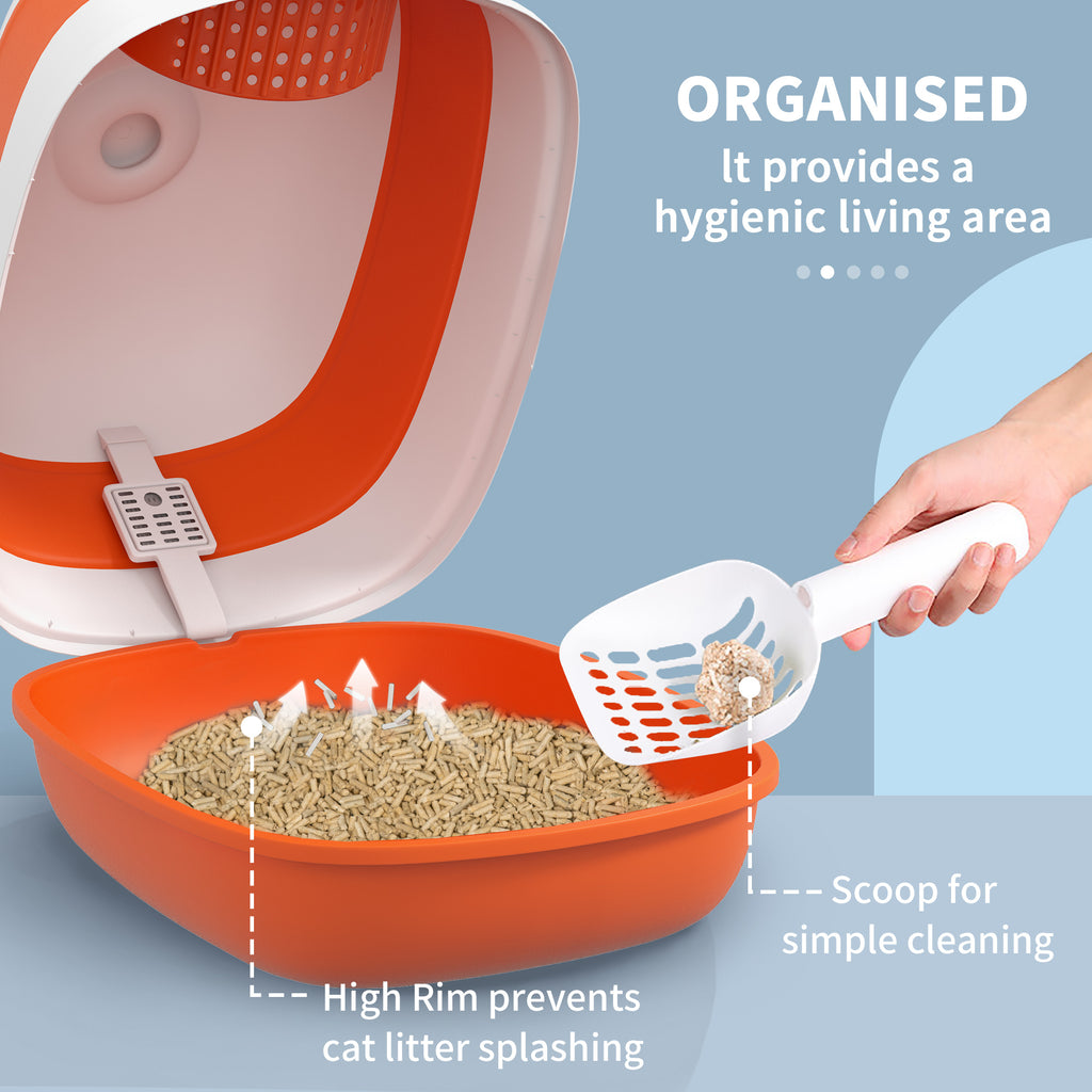 Dome Covered Cat Litter Box with Lid, White and Orange