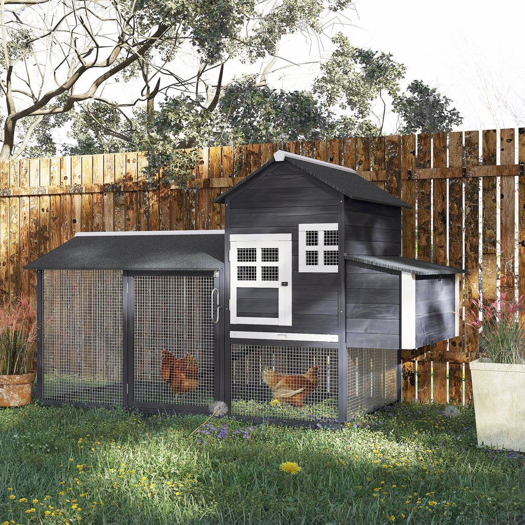 84" Wooden Chicken Coop, Hen House Outdoor with Run Nesting Box, Asphalt Roof, Removable Tray, Ramp, Poultry Cage for 2-3 Chickens, Gray