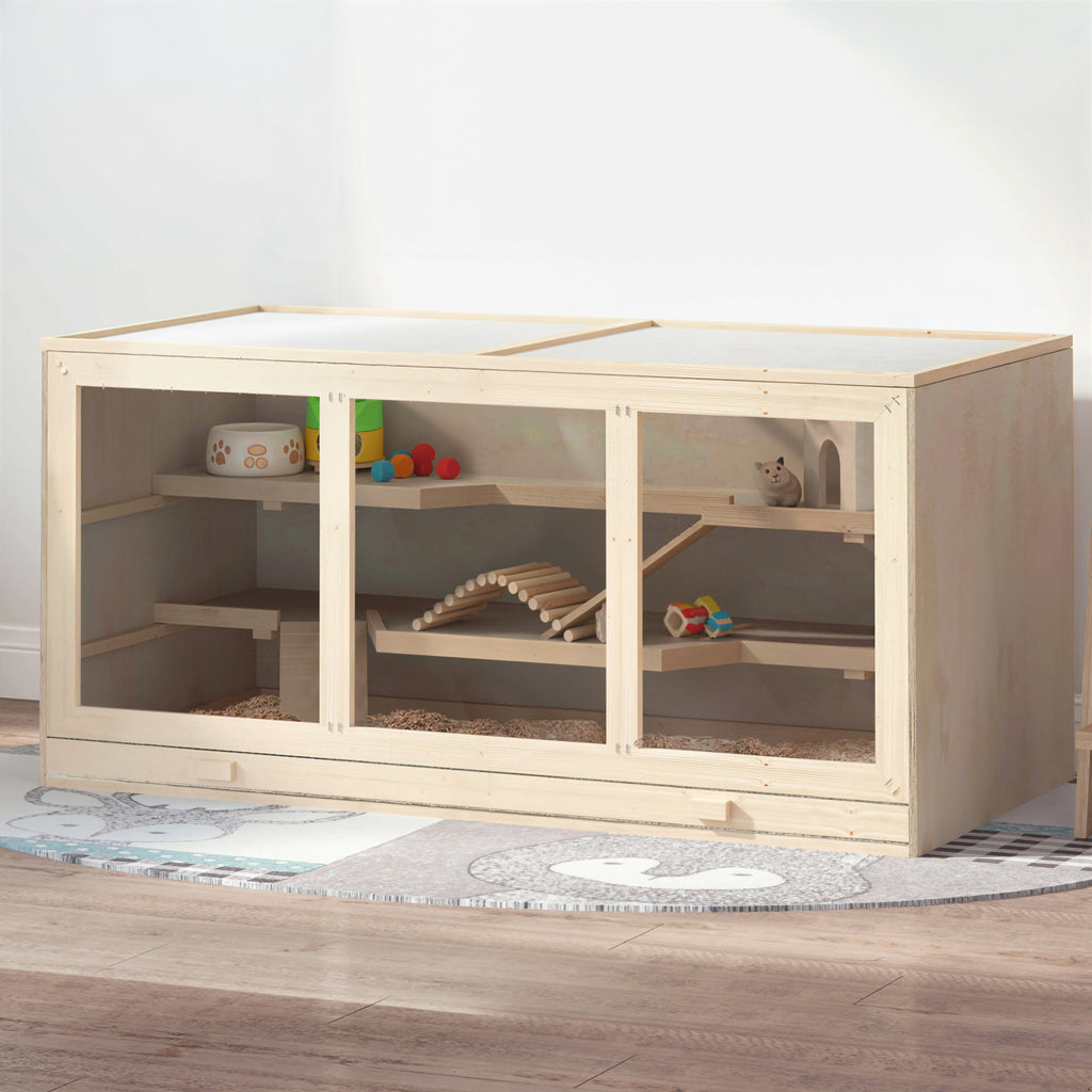 45" Extra Large Wooden Hamster Cage, 3-Layer Rat Cage with Opening Roof, PVC Window, Small Animal Habitat for Gerbil, Dwarf & Syrian Hamsters, Natural