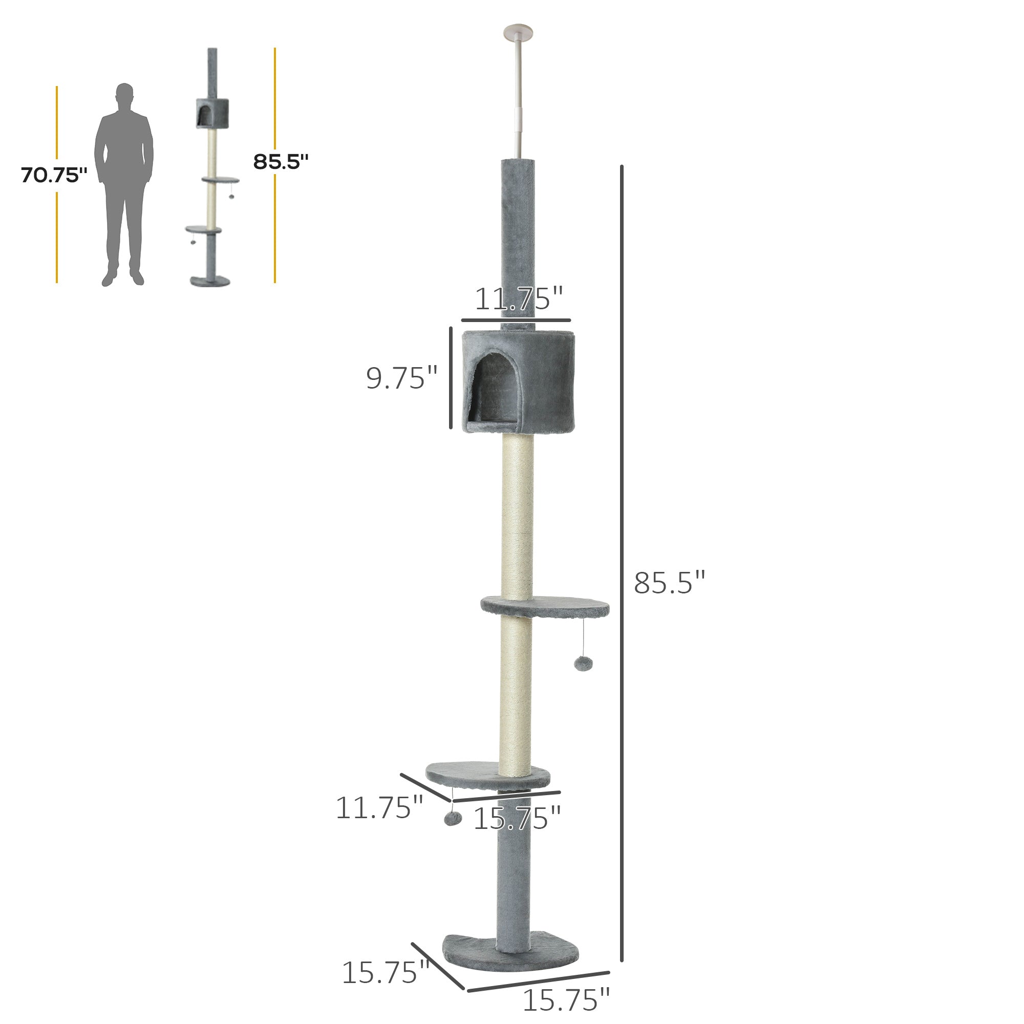 85.5" Adjustable Floor to Ceiling Cat Tree - 4-Tier Tall Cat Tower with Condo, Scratching Post & Hanging Balls, No-Drill Tension Mount Activity Center