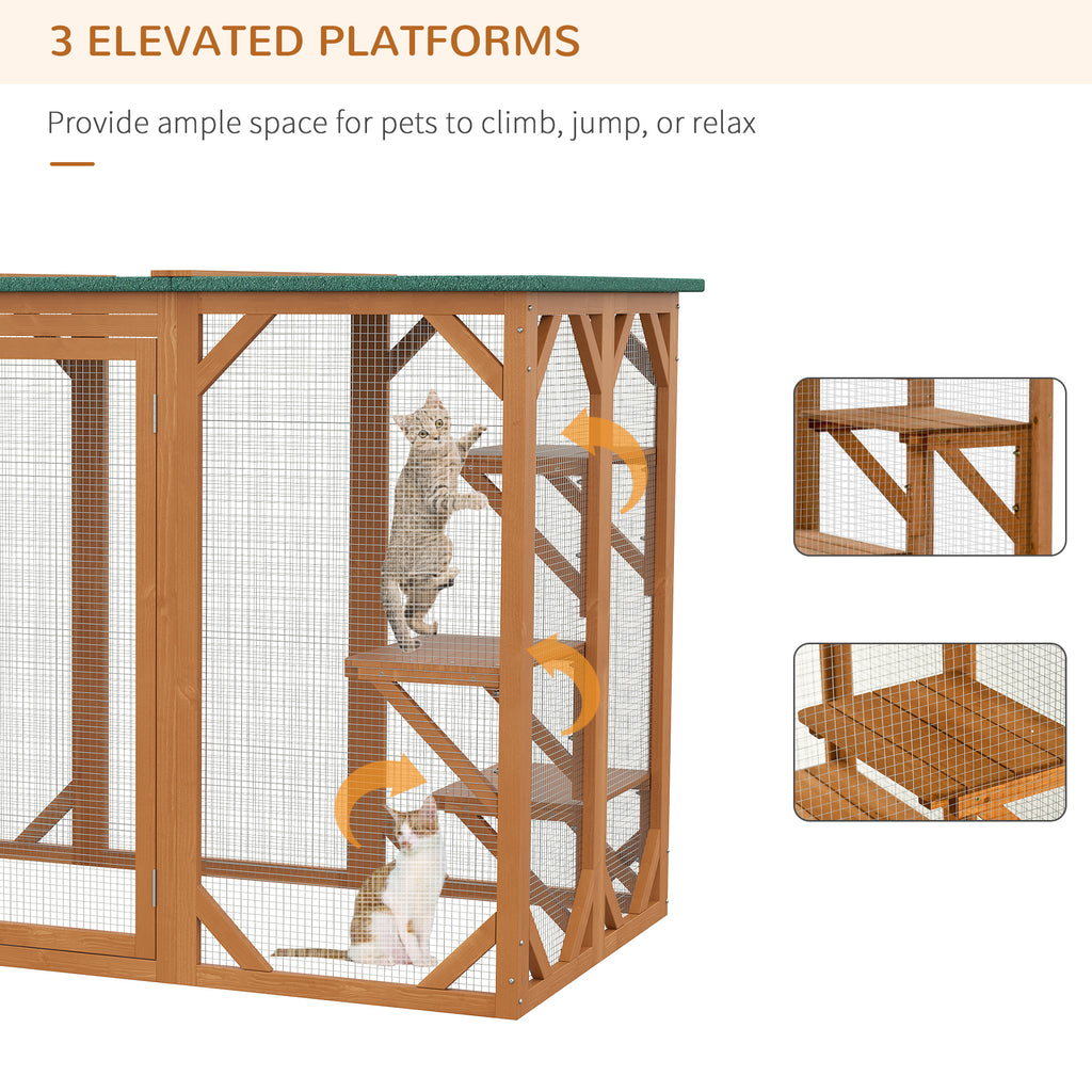Outdoor Cat House, Catio Wooden Feral Cat Shelter, Cat Cage with Platforms, Large Enter Door, Weather Protection Asphalt Roof, 71" L, Orange