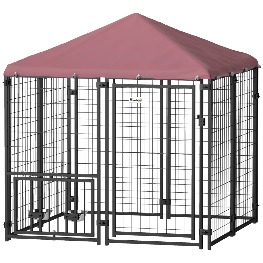 4.6' Outdoor Dog Kennel with Welded Wire, Adjustable Bowls & Waterproof Cover