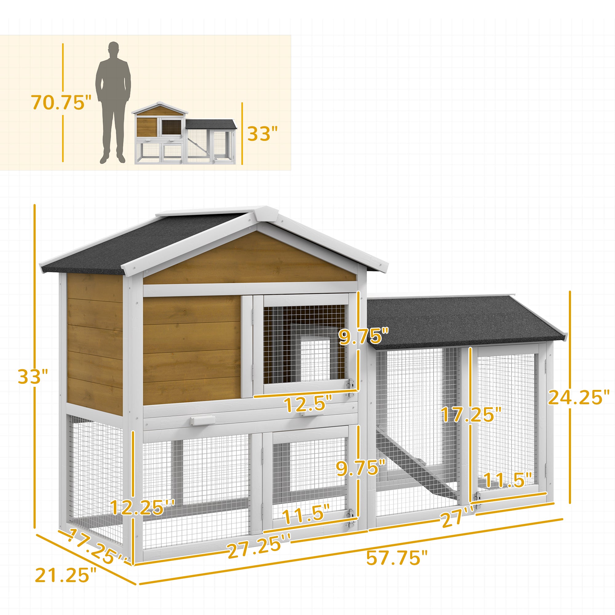 58" Wooden Rabbit Hutch with Run, Removable Tray, Asphalt Roof,  Lockable Doors and Ramp, Nature Wood