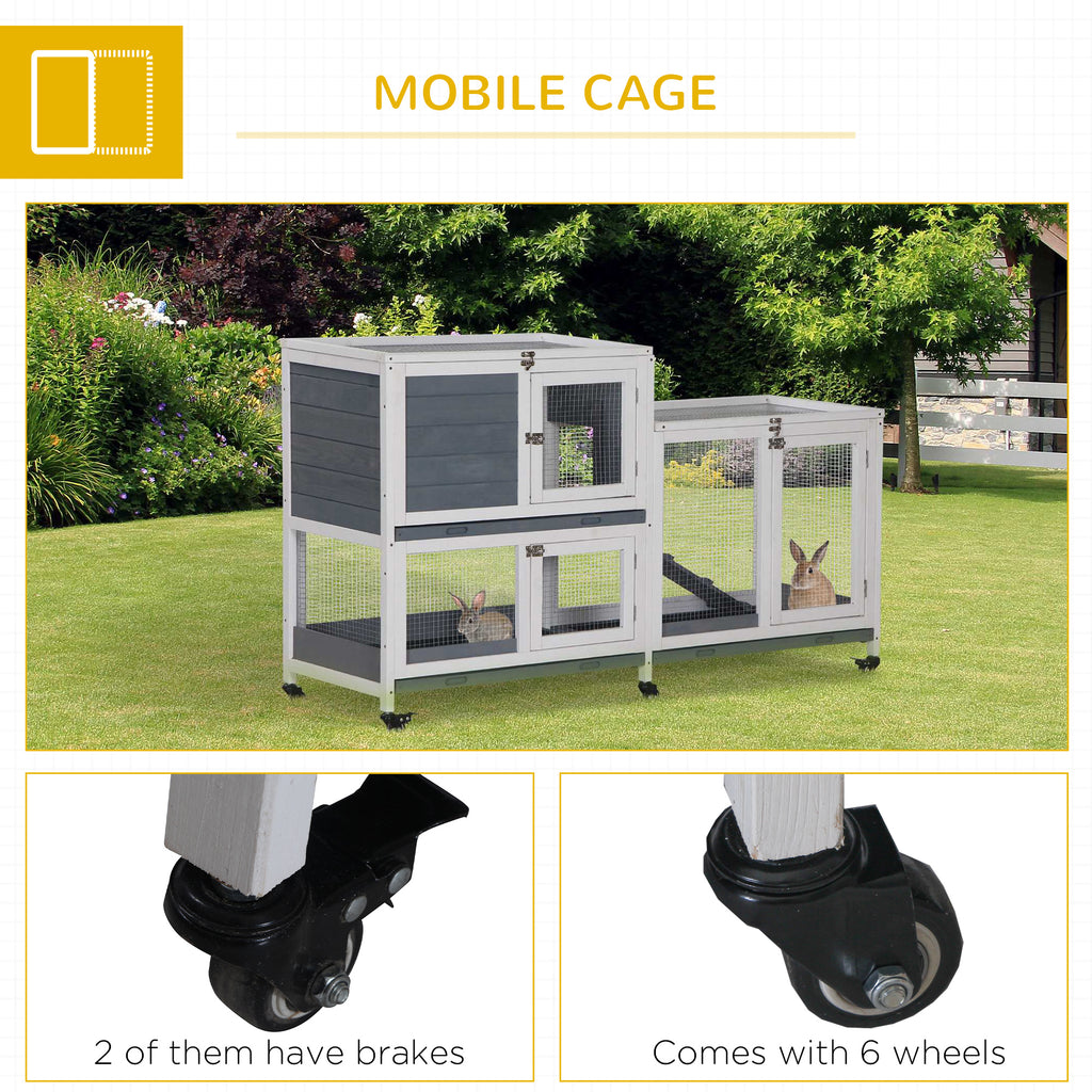 Wooden Rabbit Hutch Bunny Hutch Elevated Pet House Cage Small Animal Habitat with No Leak Tray Lockable Door Openable Top for Rabbits, Chickens, Ducks, Indoor 57.75" x 18" x 32.5" Gray