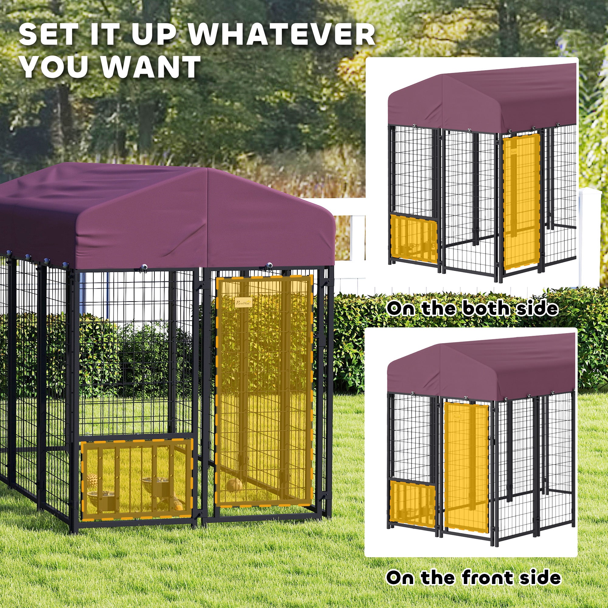 Welded Wire Outdoor Dog Kennel with 360¡ã Rotating & 4 Levels Adjustable Bowls, Waterproof Cover, 7.9' x 4' x 6'