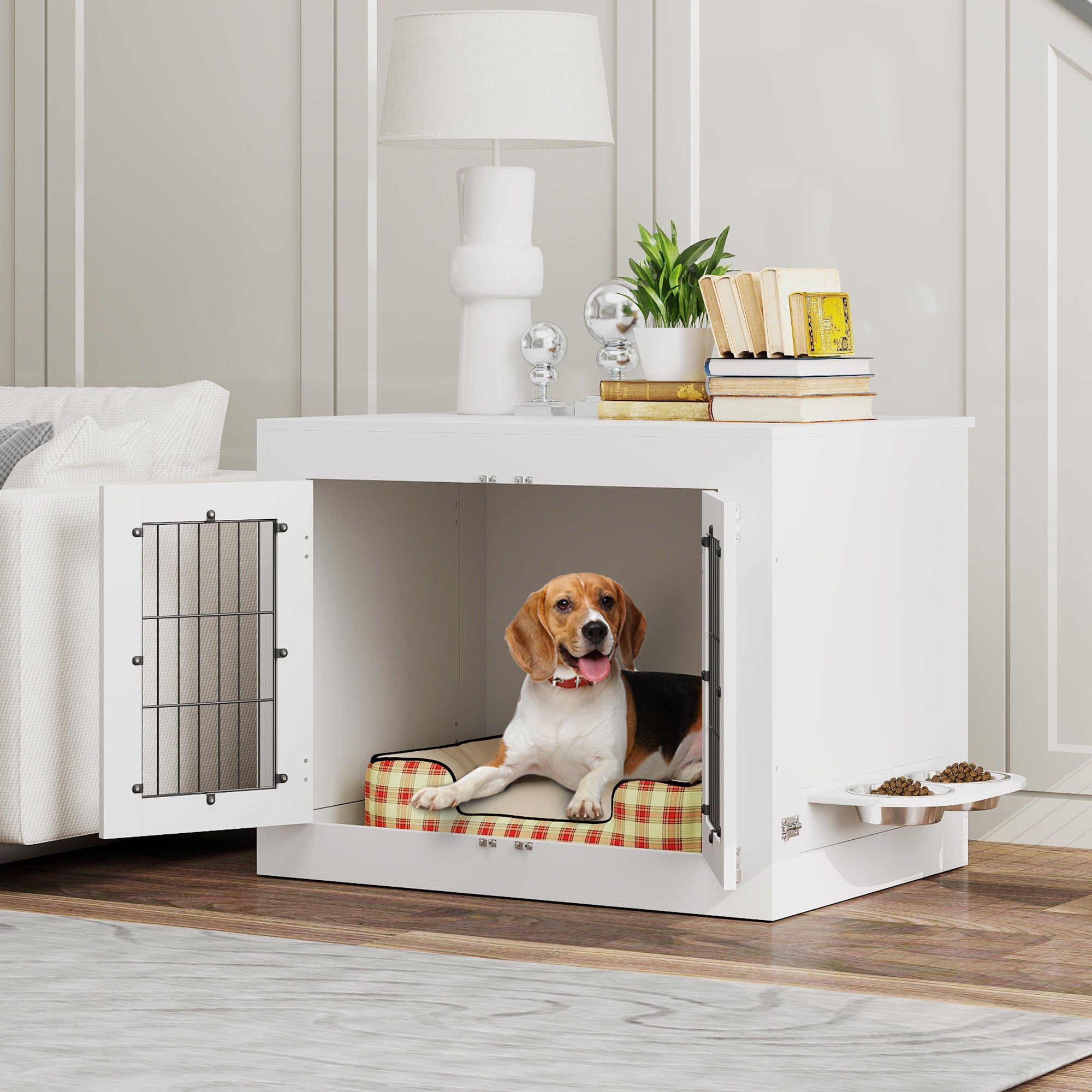Dog Crate Furniture with 360¡ã Rotatable Removable Dog Bowls